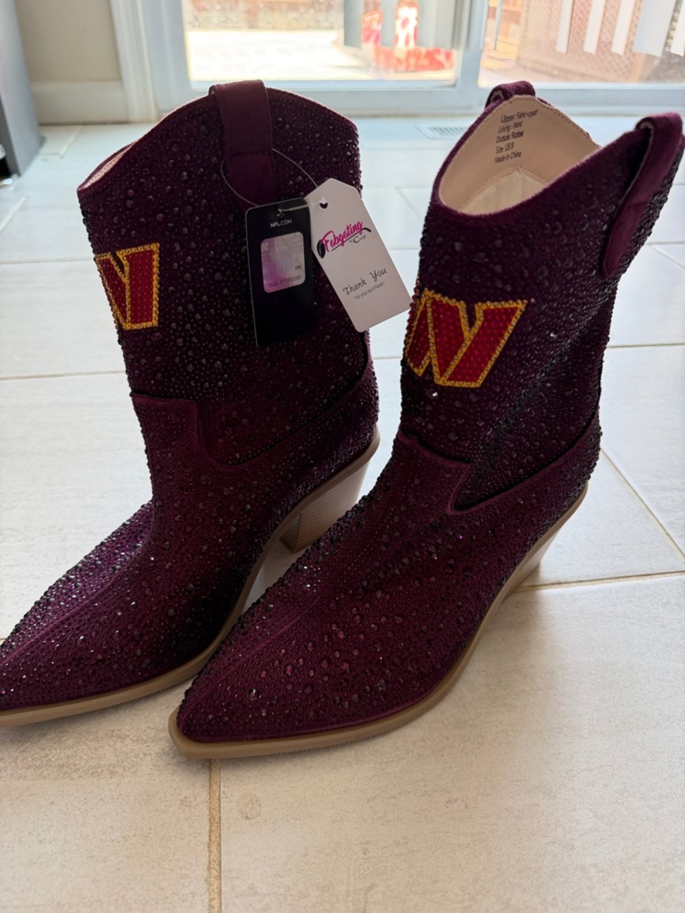 NFL Burgundy Rhinestone Western Ankle Booties with Gold Emblem